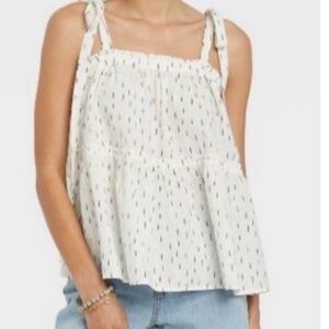 Women’s Universal Thread White Print Tie Straps Sz M Like New Babydoll Shirt